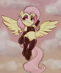 Size: 2220x2627 | Tagged: suggestive, artist:whiskeypanda, derpibooru import, fluttershy, pegasus, pony, armpits, blushing, clothes, female, flying, gloves, human shoulders, image, latex, latex gloves, latex socks, looking sideways, png, socks, solo, solo female, spread wings, sultry pose, wide hips, wings, wip