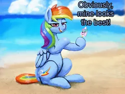 Size: 2732x2048 | Tagged: safe, artist:phutashi, derpibooru import, rainbow dash, pegasus, pony, beach, dialogue, female, food, image, lidded eyes, looking at you, mare, png, popsicle, sitting, smiling, smiling at you, smug, solo, talking to viewer