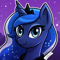 Size: 1920x1920 | Tagged: safe, artist:zeaott, derpibooru import, princess luna, alicorn, pony, abstract background, bust, commission, commissioner:soulphase, constellation, ethereal mane, eyelashes, female, headshot commission, icon, image, jewelry, looking at you, mare, outline, png, portrait, profile picture, purple background, regalia, signature, simple background, smiling, smiling at you, solo, solo female, starry mane, starry night, stars, white outline
