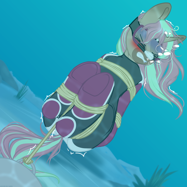 Size: 3000x3000 | Tagged: questionable, artist:xcinnamon-twistx, derpibooru import, oc, unofficial characters only, semi-anthro, unicorn, aquaphilia, asphyxiation, ball and chain, blushing, bondage, breathplay, bubble, dive goggles, dive mask, drowning, eyes closed, fetish, goggles, gritting teeth, image, neoprene suit, patreon, patreon reward, png, struggling, teeth, tied up, trembling, underwater, water, wetsuit