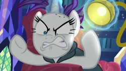 Size: 1920x1080 | Tagged: safe, derpibooru import, screencap, rarity, pony, unicorn, it isn't the mane thing about you, season 7, 1080p, angry, cloak, clothes, female, gritted teeth, image, lamp, magic, mare, png, shrunken pupils, solo, teeth, telekinesis