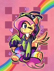 Size: 2944x3851 | Tagged: safe, artist:marvazoid, derpibooru import, fluttershy, pegasus, pony, antonymph, clothes, fluttgirshy, gir, heart, hoodie, image, looking at you, one eye closed, png, rainbow, raspberry, socks, solo, spread wings, striped socks, tongue out, wings, wink, winking at you