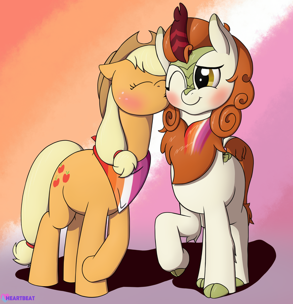 Size: 2317x2400 | Tagged: safe, artist:passionpanther, derpibooru import, applejack, autumn blaze, earth pony, kirin, pony, autumnjack, blushing, female, image, kiss on the cheek, kissing, lesbian, lesbian couple, lesbian pride flag, png, pride, pride flag, pride month, shipping