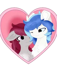 Size: 1080x1440 | Tagged: safe, artist:sodapop sprays, derpibooru import, oc, oc:aurora, oc:skyfire lumia, pony, wolf, wolf pony, bust, chest fluff, heart, image, looking at each other, looking at someone, one eye closed, png, wink