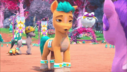 Size: 1280x720 | Tagged: safe, derpibooru import, screencap, cloudpuff, hitch trailblazer, pipp petals, unnamed character, unnamed pony, armadillo, dog, earth pony, pegasus, pomeranian, pony, unicorn, g5, my little pony: make your mark, spoiler:g5, spoiler:my little pony: make your mark, spoiler:my little pony: make your mark chapter 4, spoiler:mymc04e03, animated, bridlewood, female, flying pomeranian, image, implied queen haven, male, mare, my little pony: make your mark chapter 4, stallion, the jinxie games, webm, winged dog