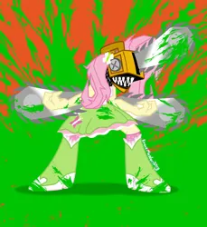 Size: 2200x2400 | Tagged: safe, artist:knackmaster77, derpibooru import, fluttershy, .mov, shed.mov, equestria girls, chainsaw, chainsaw man, crossover, fanart, image, png, solo, teeth