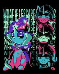 Size: 3277x4096 | Tagged: safe, artist:poxy_boxy, derpibooru import, trixie, pony, unicorn, black background, image, jpeg, lidded eyes, limited palette, looking at you, mouthpiece, politics, simple background, sitting, smiling, smiling at you, solo, trans trixie, transgender