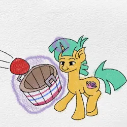 Size: 1300x1300 | Tagged: safe, artist:artevi, derpibooru import, snails, pony, unicorn, atg 2023, ball, basket, buckball, image, magic, magic aura, male, newbie artist training grounds, png, solo, telekinesis