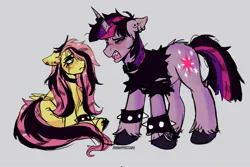 Size: 3000x2000 | Tagged: safe, artist:jhonnysheep, derpibooru import, fluttershy, twilight sparkle, pegasus, pony, unicorn, alternate hairstyle, angry, blushing, bracelet, closed mouth, clothes, collar, comparison, cutie mark, draw this again, draw this in your style, duo, ear piercing, emo, eyes closed, female, floppy ears, fluttergoth, goth, gray background, high res, hoofband, horn, image, jewelry, jpeg, lidded eyes, listening, looking at each other, looking at someone, makeup, mare, messy mane, messy tail, open mouth, piercing, redraw, screaming, signature, simple background, sitting, spiked wristband, standing, tail, torn clothes, unshorn fetlocks, wings, wristband