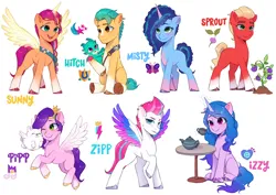 Size: 3508x2480 | Tagged: safe, artist:xiaowu07, derpibooru import, cloudpuff, hitch trailblazer, izzy moonbow, pipp petals, sparky sparkeroni, sprout cloverleaf, sunny starscout, zipp storm, alicorn, dog, dragon, earth pony, pegasus, pony, unicorn, g5, my little pony: a new generation, baby, baby dragon, colored wings, cup, cute, cutie mark, female, image, looking at someone, looking at you, male, mane five (g5), mane seven (g5), mare, misty brightdawn, new mane six (g5), plant, png, ponytail, race swap, sheriff's badge, simple background, sitting, smiling, stallion, sunnycorn, table, teacup, teapot, white background, wings
