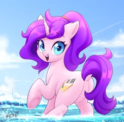 Size: 2664x2612 | Tagged: safe, artist:rivin177, derpibooru import, oc, oc:rivin, pony, unicorn, beach, belly, big eyes, blue eyes, butt, cloud, collaboration, floppy ears, image, looking at you, looking back, looking back at you, png, ponytail, raised hoof, sky, solo, summer, tail, underhoof, water, wave, wet