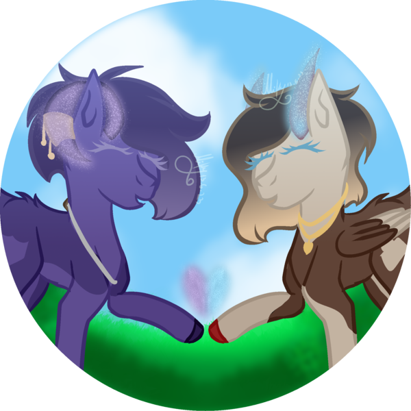 Size: 2000x2000 | Tagged: safe, artist:thecommandermiky, derpibooru import, oc, oc:miky command, oc:reagan, deer, deer pony, original species, pony, accessory, cloud, deer oc, duo, duo female, eyes closed, female, folded wings, glow, glowing heart, glowing horn, grass, grass field, heart, horn, horn jewelry, image, jewelry, mare, non-pony oc, open mouth, png, raised hoof, sky, wings