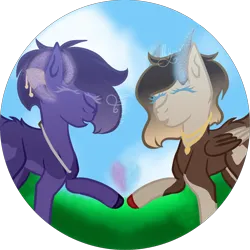 Size: 2000x2000 | Tagged: safe, artist:thecommandermiky, derpibooru import, oc, oc:miky command, oc:reagan, deer, deer pony, original species, pony, accessory, cloud, deer oc, duo, duo female, eyes closed, female, folded wings, glow, glowing heart, glowing horn, grass, grass field, heart, horn, horn jewelry, image, jewelry, mare, non-pony oc, open mouth, png, raised hoof, sky, wings