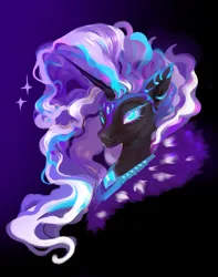 Size: 1557x1978 | Tagged: safe, artist:seasolttiy, derpibooru import, nightmare rarity, pony, unicorn, blue eyes, bust, collar, colored pupils, crown, digital art, ear fluff, ethereal mane, eyelashes, female, flowing mane, gem, helmet, horn, image, jewelry, looking at you, mare, png, portrait, purple background, regalia, simple background, smiling, smiling at you, solo, sparkles, starry mane