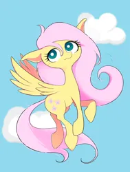 Size: 1550x2048 | Tagged: safe, artist:noupu, derpibooru import, fluttershy, pegasus, pony, female, flying, image, jpeg, mare, sky background, solo, spread wings, white pupils, wings