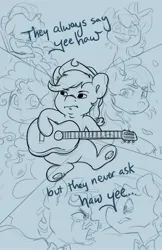 Size: 2650x4096 | Tagged: safe, artist:midnightpremiere, derpibooru import, apple bloom, applejack, bright mac, flam, flim, granny smith, pear butter, earth pony, pony, unicorn, angry, brothers, crying, female, filly, flim flam brothers, foal, guitar, hoof hold, image, jpeg, male, mare, meme, monochrome, musical instrument, sad, siblings, stallion, text, unfinished art