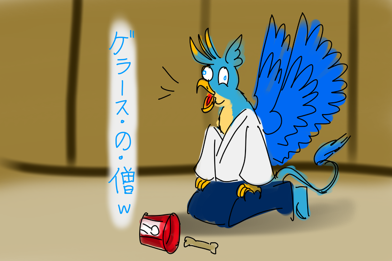 Size: 4200x2800 | Tagged: safe, artist:horsesplease, derpibooru import, gallus, gryphon, crowing, curse, gallus the rooster, human to griffon, image, implied transformation, japan, japanese, japanese mythology, kfc, monk, moon runes, niwatori no sou, png, punishment, sin, that griffon sure does love kfc