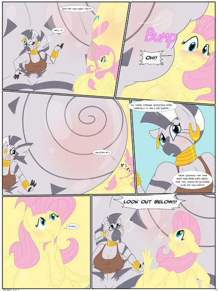 Size: 1800x2400 | Tagged: questionable, artist:necrofeline, derpibooru import, fluttershy, zecora, anthro, pegasus, pony, zebra, series:the booty trap, series:the booty trap 6, blushing, both cutie marks, breasts, butt, butt blush, butt expansion, clothes, comic, duo, duo female, ear piercing, earring, female, flutterbutt, growth, huge butt, hyper, hyper butt, image, imminent character, imminent trio, impending character, impending trio, implied derpy, impossibly large butt, incoming character, jewelry, large butt, loincloth, neck rings, nipples, nudity, offscreen character, offscreen female, panties, piercing, png, underwear, word bubble, zecorass