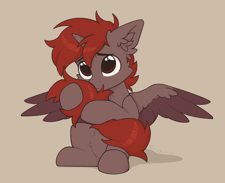 Size: 2775x2258 | Tagged: safe, artist:dorkmark, derpibooru import, oc, oc:hardy, unofficial characters only, alicorn, pony, chibi, ear fluff, hug, image, male, png, solo, spread wings, stallion, tail, tail hug, wings