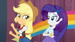 Size: 3072x1727 | Tagged: safe, derpibooru import, screencap, applejack, rarity, human, dance magic, equestria girls, spoiler:eqg specials, applejack's hat, bracelet, canterlot high, cowboy hat, crossed arms, cute, duo, duo female, female, frown, hairpin, hat, image, jackabetes, jewelry, jpeg, smiling