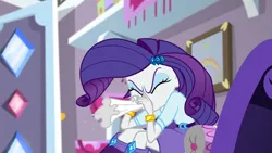 Size: 3072x1727 | Tagged: safe, derpibooru import, screencap, rarity, human, dance magic, equestria girls, spoiler:eqg specials, boots, bracelet, clothes, eyes closed, female, hairpin, high heel boots, image, jewelry, jpeg, marshmelodrama, nose blowing, rarity being rarity, shoes, solo, tissue