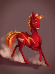 Size: 774x1032 | Tagged: safe, artist:finchina, derpibooru import, ponified, pony, brown background, cars (pixar), grin, image, jpeg, lightning mcqueen, male, signature, simple background, smiling, smoke, solo, stallion, tall