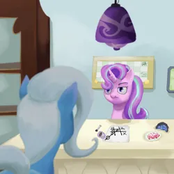 Size: 894x894 | Tagged: safe, artist:calebpedigo, derpibooru import, starlight glimmer, trixie, unicorn, female, geode, image, jpeg, looking at each other, looking at someone, room, starlight's office, tic tac toe