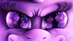 Size: 1280x720 | Tagged: safe, artist:jamescorck, derpibooru import, double diamond, starlight glimmer, sugar belle, pony, image, offscreen character, png, pov, reflection