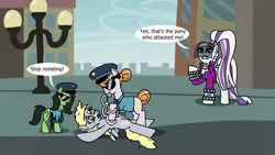 Size: 1920x1080 | Tagged: safe, artist:platinumdrop, derpibooru import, coloratura, copper top, derpy hooves, oc, oc:anonfilly, earth pony, pegasus, pony, angry, arrest, baton, city, clothes, comic, countess coloratura, crying, cuffs, fear, female, filly, foal, i just don't know what went wrong, image, manehattan, mare, out of character, png, police, police hat, police officer, police uniform, restrained, sad, speech bubble, sunglasses, uniform, wings, yelling