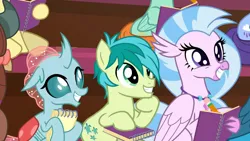 Size: 1920x1080 | Tagged: safe, derpibooru import, screencap, gallus, ocellus, sandbar, silverstream, yona, changedling, changeling, classical hippogriff, earth pony, gryphon, hippogriff, pony, yak, season 8, the end in friend, spoiler:s08, 1080p, cute, diaocelles, diastreamies, excited, female, friendship student, image, male, offscreen character, png, sandabetes, smiling, teenager