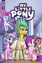 Size: 791x1200 | Tagged: safe, artist:robsa990, derpibooru import, idw, hitch trailblazer, izzy moonbow, pipp petals, sunny starscout, zipp storm, earth pony, pegasus, pony, unicorn, g5, blaze (coat marking), clothes, coat markings, comic cover, cosplay, costume, dr. stone, facial markings, female, image, jpeg, mane five (g5), mane stripe sunny, mobile phone, phone, royal sisters (g5), siblings, sisters, smartphone, smug, socks (coat marking), sunny starscout is not amused, unamused