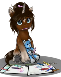 Size: 1024x1282 | Tagged: safe, artist:zsnowfilez, derpibooru import, oc, oc:chocolate frostheart, unofficial characters only, pony, unicorn, g5, female, filly, foal, image, pencil, plushie, png, simple background, solo, teddy bear, transparent background