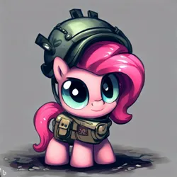 Size: 1024x1024 | Tagged: safe, derpibooru import, machine learning generated, pinkie pie, ai content, chibi, clothes, cute, gray background, helmet, image, jpeg, military, military pony, military uniform, pink coat, pink mane, simple background, uniform