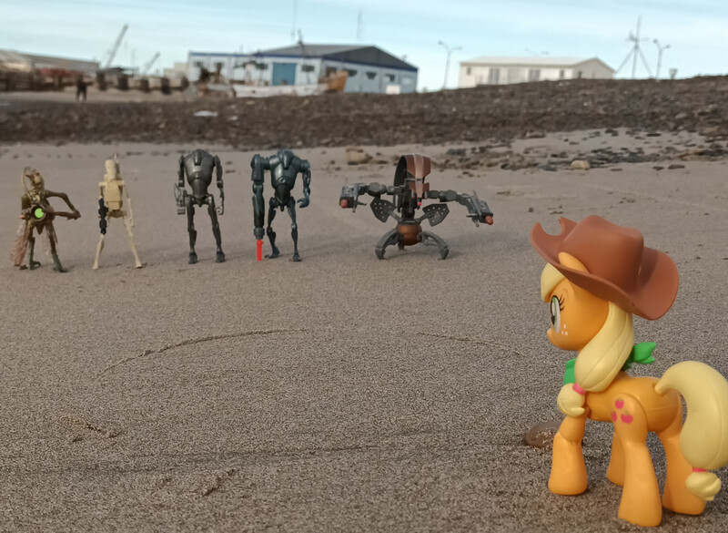 Size: 2245x1642 | Tagged: safe, artist:dingopatagonico, derpibooru import, applejack, earth pony, b1 battle droid, b2 super battle droid, beach, cis, confederacy of independent systems, droid, droideka, geonosian soldier, image, jpeg, photo, star wars