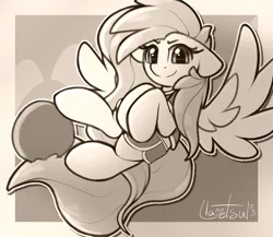 Size: 1083x940 | Tagged: safe, artist:llametsul, derpibooru import, pegasus, pony, atg 2023, buckball, confident, image, monochrome, newbie artist training grounds, png, signature, solo