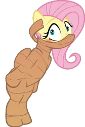 Size: 1500x2226 | Tagged: suggestive, edit, editor:anonymous, fluttershy, pegasus, pony, fake it 'til you make it, /mlp/ latex requests, bipedal, blushing, blushing profusely, bondage, bound arms, bound legs, bound wings, encasement, female, green eyes, image, legs together, looking at you, mare, mummification, nose wrinkle, otn gag, pink mane, png, raised eyebrows, scared, shrunken pupils, simple background, solo, solo female, standing, sweat, transparent background, wide eyes, wings, yellow coat