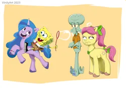 Size: 2048x1432 | Tagged: safe, artist:vinilyart, derpibooru import, izzy moonbow, posey (g5), earth pony, octopus, pony, unicorn, g5, my little pony: tell your tale, bubble, crossover, female, image, male, mare, open mouth, open smile, png, posey bloom is not amused, riding, smiling, spongebob squarepants, spongebob squarepants (character), squidward tentacles, unamused