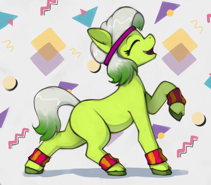 Size: 1649x1449 | Tagged: safe, artist:marsminer, derpibooru import, earth pony, pony, g5, my little pony: make your mark, 80s, abstract background, armband, bridlewoodstock, cute, eyes closed, female, g5 mintabetes, happy, headband, image, legband, mare, minty (g5), my little pony: make your mark chapter 4, open mouth, open smile, png, retro, retro background, smiling, solo, unshorn fetlocks