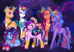 Size: 3466x2434 | Tagged: safe, artist:peachmichea, derpibooru import, hitch trailblazer, izzy moonbow, pipp petals, sunny starscout, zipp storm, earth pony, pegasus, pony, unicorn, g5, my little pony: make your mark, spoiler:g5, spoiler:my little pony: make your mark, spoiler:my little pony: make your mark chapter 4, spoiler:mymc04e01, alternate new mane six (g5), bracelet, bridlewood, bridlewoodstock, butterfly wings, clothes, female, floral head wreath, flower, glasses, grin, group photo, headphones, image, jewelry, jpeg, leg warmers, makeup, male, mane five (g5), mare, misty brightdawn, multicolored mane, my little pony: make your mark chapter 4, necklace, smiling, stallion, wings