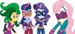 Size: 1332x600 | Tagged: safe, artist:pascalmulokozi2, composite screencap, derpibooru import, edit, edited screencap, screencap, fluttershy, rarity, sci-twi, sunset shimmer, twilight sparkle, equestria girls, movie magic, spoiler:eqg specials, clothes, costume, geode of telekinesis, hairpin, image, magical geodes, png, power ponies, shocked, straining
