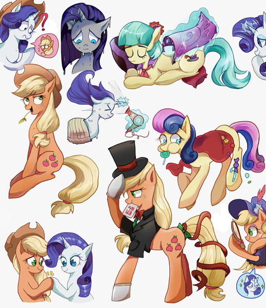 Size: 776x900 | Tagged: safe, artist:foresart, derpibooru import, applejack, bon bon, coco pommel, rarity, sweetie drops, earth pony, pony, unicorn, blanket, candy, clothes, cowboy hat, female, food, hat, image, jpeg, lesbian, rarijack, shipping, simple background, suit, top hat, wet, wet mane, wet mane rarity, white background