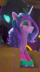 Size: 575x1009 | Tagged: safe, derpibooru import, screencap, izzy moonbow, pony, unicorn, g5, my little pony: make your mark, spoiler:g5, spoiler:my little pony: make your mark, spoiler:my little pony: make your mark chapter 4, spoiler:mymc04e05, animated, chair, clipping, colored hooves, cute, dancing, eyes closed, female, floppy ears, gif, i watch it for the ears, image, izzybetes, mare, my little pony: make your mark chapter 4, side view, sitting, solo, the manesquerade ball