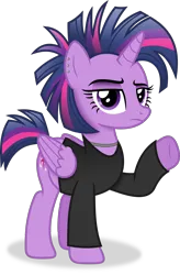 Size: 2704x4112 | Tagged: safe, artist:anime-equestria, derpibooru import, twilight sparkle, alicorn, pony, alternate hairstyle, alternate tailstyle, clothes, ear piercing, female, horn, image, jewelry, mare, necklace, piercing, png, raised leg, shirt, simple background, solo, tail, transparent background, vector, wings