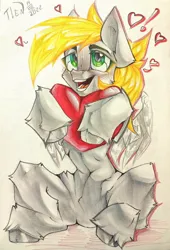 Size: 1394x2048 | Tagged: safe, artist:tlen borowski, derpibooru import, oc, unofficial characters only, pegasus, pony, blushing, cyber eyes, heart, heart pillow, holding, image, jpeg, pegasus oc, pillow, smiling, solo, traditional art, wings