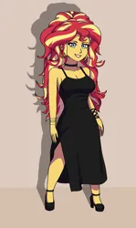 Size: 2200x3700 | Tagged: safe, artist:artevi, derpibooru import, sunset shimmer, human, equestria girls, alternate hairstyle, bracelet, breasts, busty sunset shimmer, choker, clothes, dress, ear piercing, earring, equestria girls 10th anniversary, eyeshadow, female, high heels, high res, image, jewelry, lipstick, looking at you, makeup, piercing, png, shoes, smiling, smiling at you, solo, solo female, standing