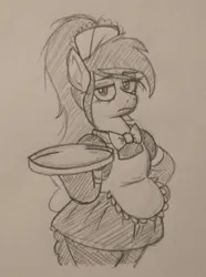 Size: 484x649 | Tagged: safe, artist:jargon scott, derpibooru import, oc, oc:anon-mare, unofficial characters only, earth pony, pony, bipedal, clothes, female, frown, image, looking at you, maid, mare, monochrome, pencil drawing, png, serving tray, solo, traditional art