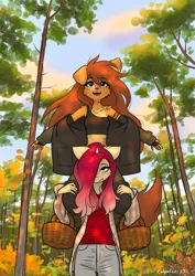 Size: 2480x3508 | Tagged: safe, artist:katputze, derpibooru import, oc, oc:apogee (tinygaypirate), oc:crimson sunset, unofficial characters only, anthro, dog, plantigrade anthro, pony, unicorn, basket, belly button, carrying, duo, female, furry, furry oc, hair over one eye, image, jpeg, mare, midriff, open mouth, open smile, shoulder ride, smiling, spread arms