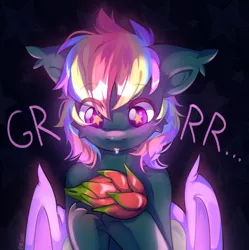 Size: 2239x2247 | Tagged: safe, artist:pledus, derpibooru import, oc, oc:prism star, bat pony, pony, abstract background, admiring, blushing, colored pupils, colored wings, colorful, cute, dragon fruit, drool, floppy ears, focused, folded wings, food, fruit, glow, herbivore, high res, hungry, image, jpeg, looking at something, male, multicolored hair, multicolored wings, open mouth, signature, solo, stallion, stare, starry background, stars, text, unshorn fetlocks, wingding eyes, wings