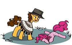 Size: 1600x1000 | Tagged: safe, artist:artevi, derpibooru import, cheese sandwich, pinkie pie, earth pony, pony, atg 2023, clothes, duo, faceplant, female, hat, image, lying down, male, newbie artist training grounds, png, poncho, prone