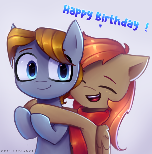 Size: 2800x2840 | Tagged: safe, artist:opal_radiance, derpibooru import, oc, unofficial characters only, earth pony, pegasus, pony, commission, duo, happy birthday, hug, image, png